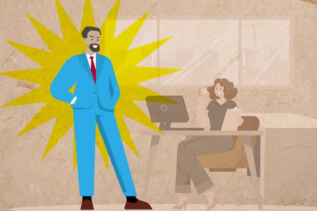 Illustration of a man standing next to a female co-worker's desk